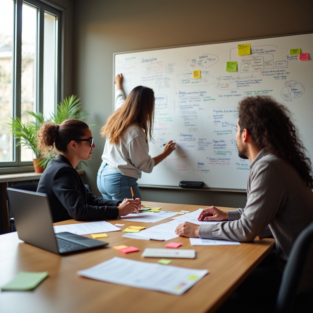 Strategia Andina team discussing educational program planning